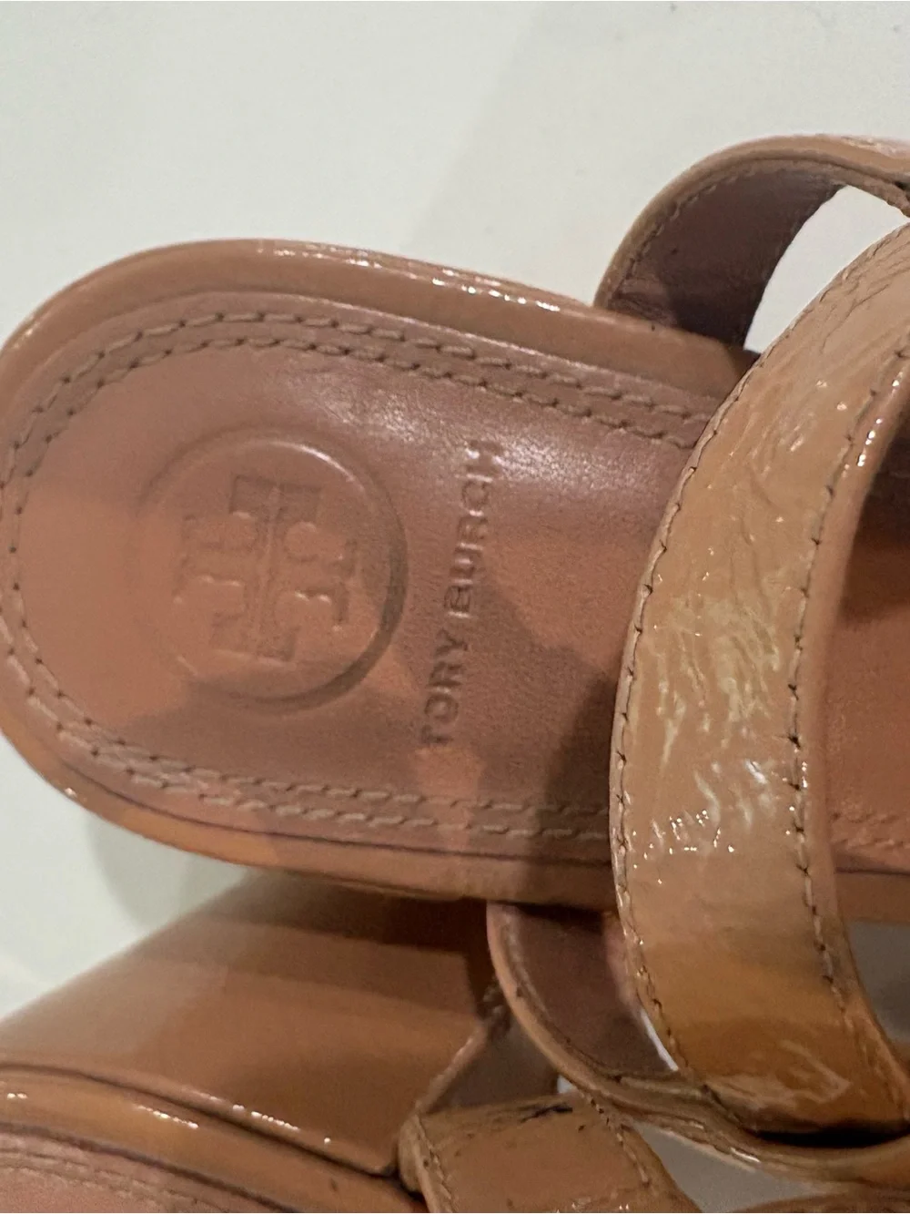 Tory Burch Patent Leather Block Heel Sandals in Tan 8